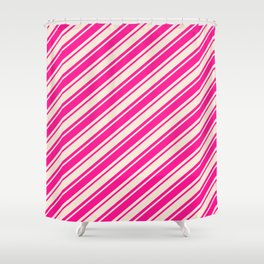 [ Thumbnail: Beige and Deep Pink Colored Striped/Lined Pattern Shower Curtain ]
