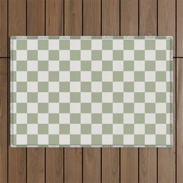 Checkerboard Check Checkered Pattern in Sage Green and Off White Outdoor Rug