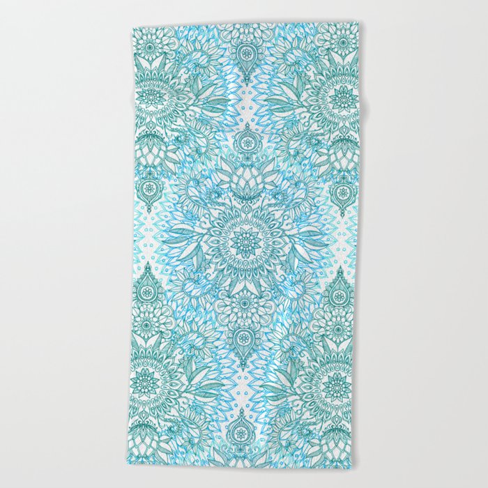 Turquoise Blue, Teal & White Protea Doodle Pattern Beach Towel