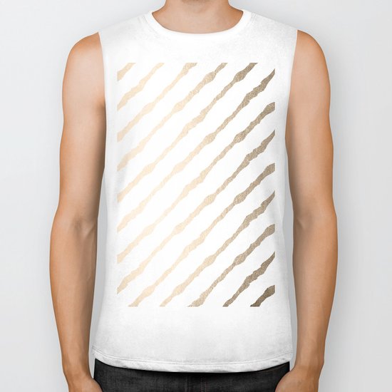 Simply Diagonal Stripes in White Gold Sands on White Biker Tank
