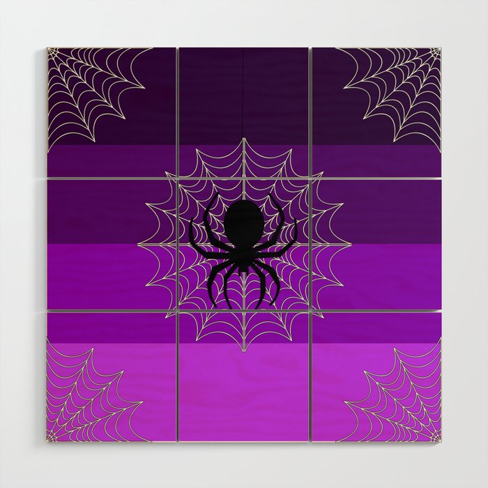 Halloween spiders on white spider webs on purple stripes. Wood Wall Art