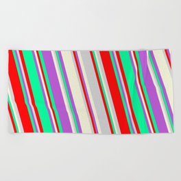 [ Thumbnail: Colorful Orchid, Green, Red, Light Gray, and Beige Colored Striped/Lined Pattern Beach Towel ]