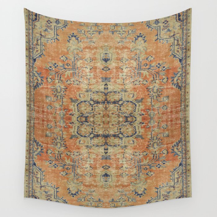 Vintage Woven Coral and Blue Kilim Wall Tapestry
