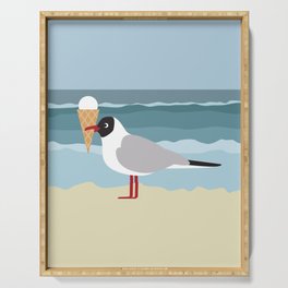 Cute seagull with ice cream by the sea Serving Tray