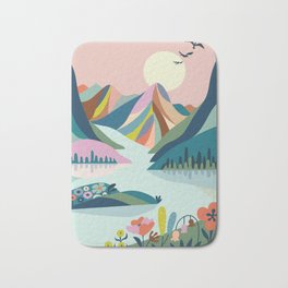 Scenic Mountains Bath Mat | Good Vibes, Graphicdesign, Bohoprint, Digital, Mountainsprint, Botanicalprint, River, Earthday, Pattern, Moon 