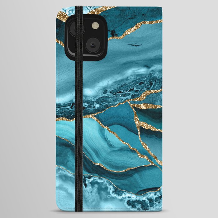 Abstract Blue Ice  And Gold Emerald Marble Landscape iPhone Wallet Case