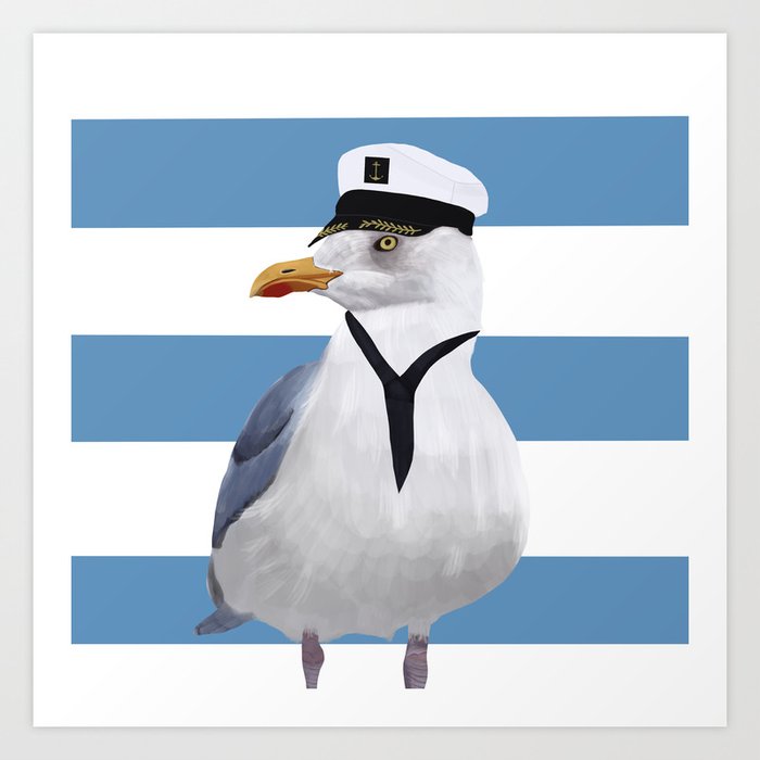 Captain Seagull on blue stripes Art Print