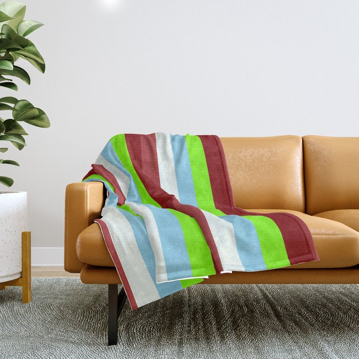Colorful Brown, Mint Cream, Sky Blue, Green, and Maroon Colored Stripes/Lines Pattern Throw Blanket