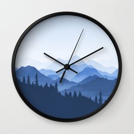 Classic Blue Mountains Wall Clock | Digital, Tranquil, Mountainart, Fog, Trees, Mountainwallart, Skyline, Interiordesign, Forest, Serene 