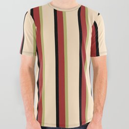 [ Thumbnail: Brown, Dark Khaki, Bisque, and Black Colored Lined/Striped Pattern All Over Graphic Tee ]