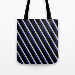 [ Thumbnail: Vibrant Green, Dark Gray, Light Grey, Midnight Blue, and Black Colored Pattern of Stripes Tote Bag ]