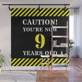 [ Thumbnail: 9th Birthday - Warning Stripes and Stencil Style Text Wall Mural ]