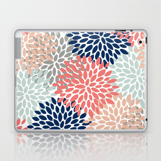Floral Bloom Print Living Coral Pale Aqua Blue Gray Navy Laptop Ipad Skin By Meganmorrisart Society6