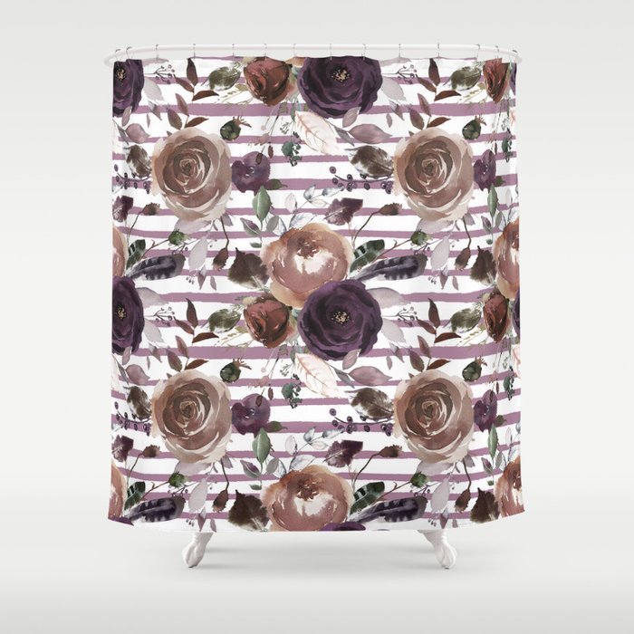 Lavender Lilac Brown Watercolor Botanical Roses Stripes Shower