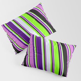 [ Thumbnail: Chartreuse, Lavender, Indigo, Orchid & Black Colored Striped/Lined Pattern Pillow Sham ]