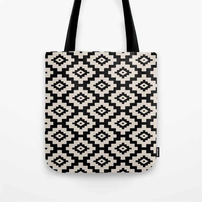 Traditional Geometric Pattern 323 Black and Linen White Tote Bag