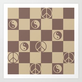 Checkered Peace Symbol & Yin Yang (Cocoa Mocha Colors) Art Print