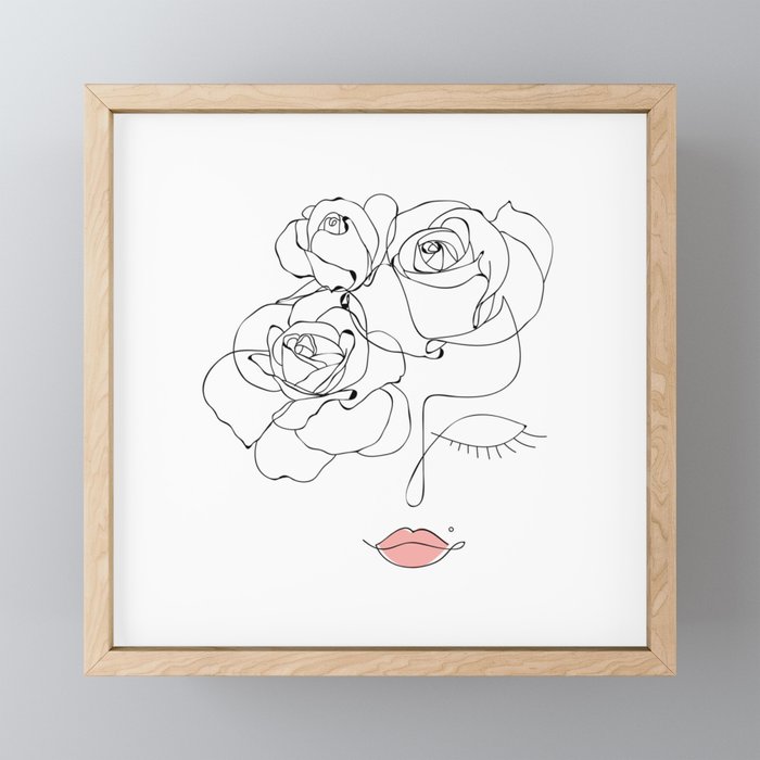 Head Of Flowers Art, Line Art Woman With Flowers, Flower Woman Line Art, Girl With Flowers, Minimal Line Drawing Woman. Young pretty logo. Nature line art Framed Mini Art Print