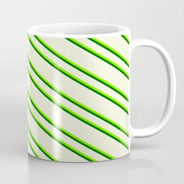 [ Thumbnail: Beige, Green & Dark Green Colored Pattern of Stripes Coffee Mug ]