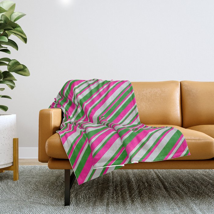 Deep Pink, Light Grey, and Forest Green Colored Lines Pattern Throw Blanket
