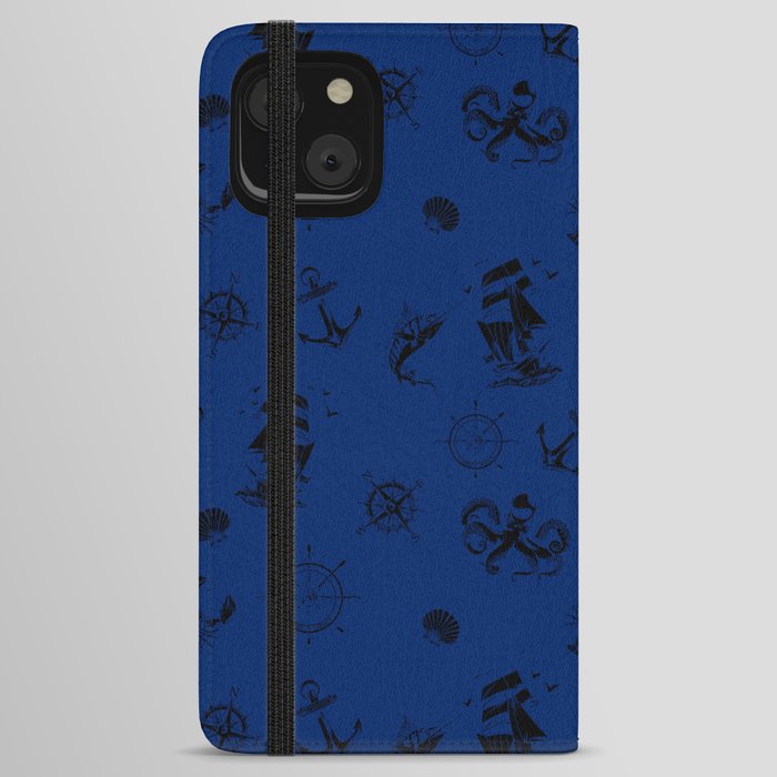 Blue And Black Silhouettes Of Vintage Nautical Pattern iPhone Wallet Case