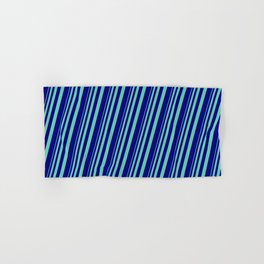 [ Thumbnail: Aquamarine and Blue Colored Stripes/Lines Pattern Hand & Bath Towel ]