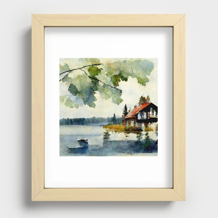 Cottage Lake House Watercolor on Paper Recessed Framed Print