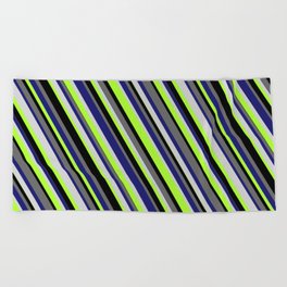 [ Thumbnail: Colorful Midnight Blue, Light Gray, Light Green, Black, and Dim Grey Colored Stripes/Lines Pattern Beach Towel ]
