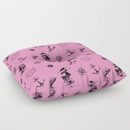 Pink And Black Silhouettes Of Vintage Nautical Pattern Floor Pillow