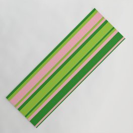 [ Thumbnail: Forest Green, Green, and Light Pink Colored Lined Pattern Yoga Mat ]