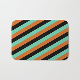 [ Thumbnail: Black, Aquamarine, and Chocolate Colored Pattern of Stripes Bath Mat ]