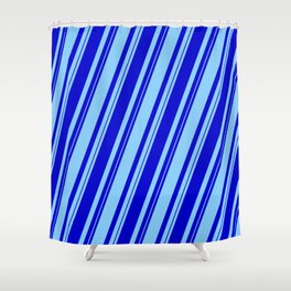 [ Thumbnail: Blue and Light Sky Blue Colored Lined/Striped Pattern Shower Curtain ]