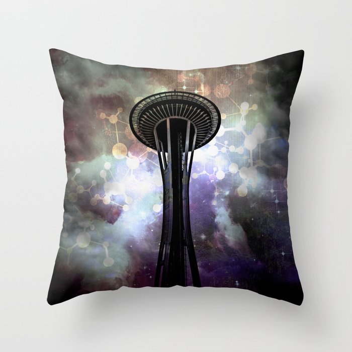 Space Needle - Seattle Stars and Clouds at Night Throw Pillow