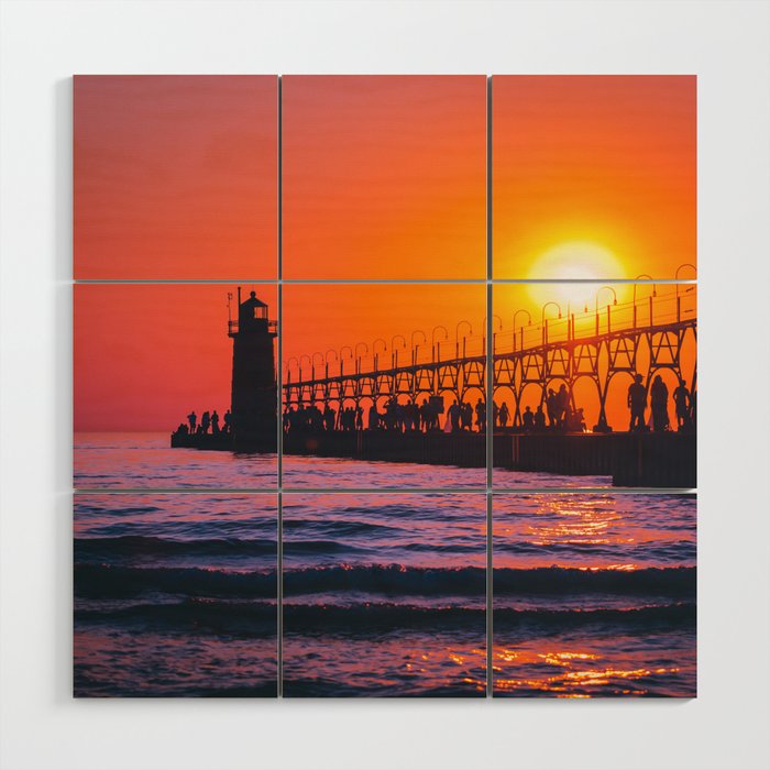 South Haven Michigan's Lighthouse at sunset on Lake Michigan Wood Wall Art