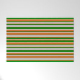 [ Thumbnail: Grey, Chocolate, and Green Colored Lined Pattern Welcome Mat ]