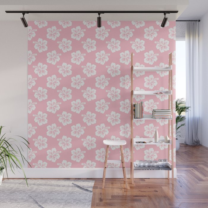 Pink and White Hibiscus Pattern Wall Mural