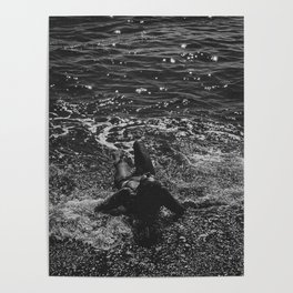 Princess of tides female brunette reclining in the waves black and white beach photograph - photographs - photography Poster