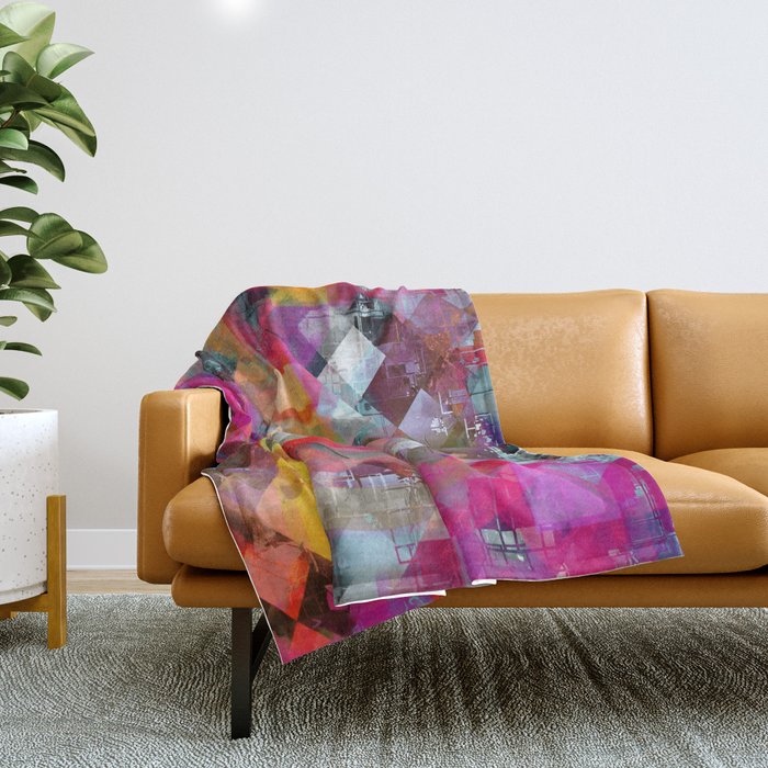 geometric pixel square pattern abstract background in pink blue yellow Throw Blanket