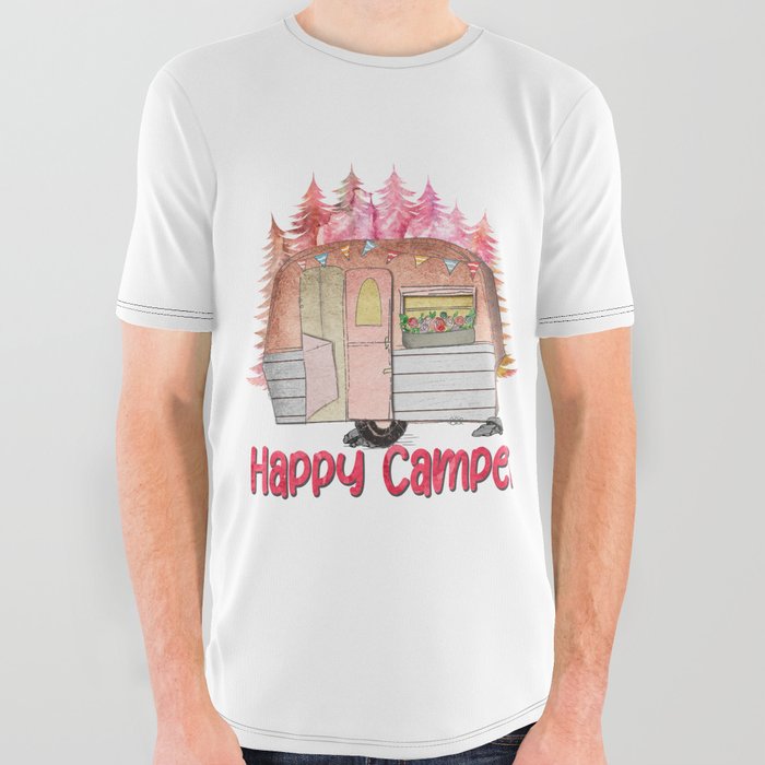Happy Camper Pretty Girly Camping All Over Graphic Tee