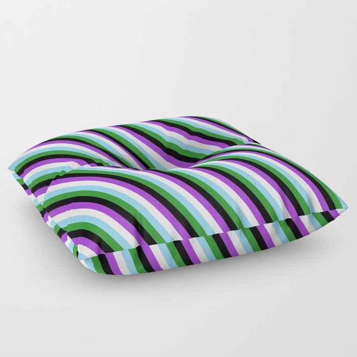 Eye-catching Dark Orchid, White, Light Sky Blue, Forest Green, and Black Colored Stripes Pattern Floor Pillow