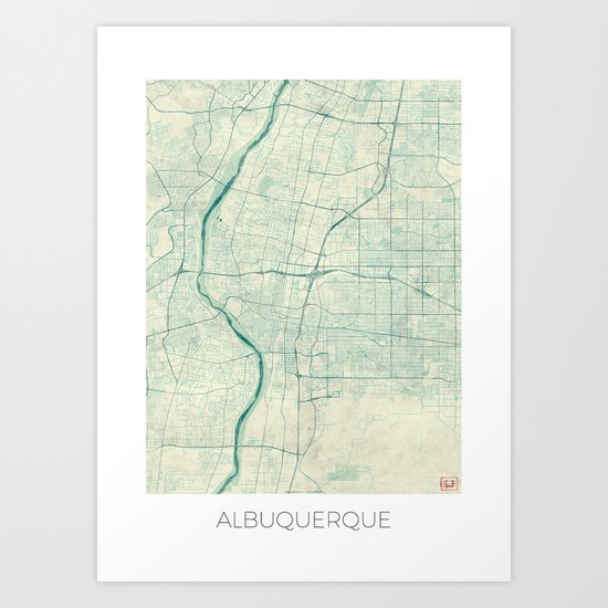 Albuquerque Map Blue Vintage Art Print