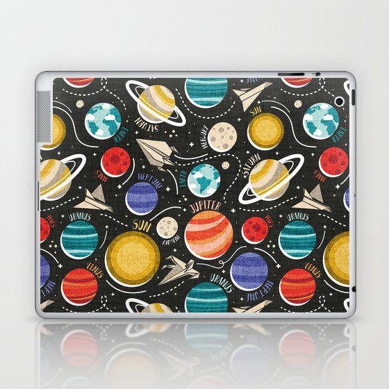Paper space adventure I // black background multicoloured solar system paper cut planets origami paper spaceships and rockets  Laptop & iPad Skin