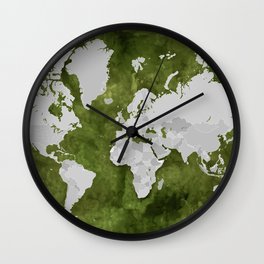 Moss green watercolor and grey world map with outlined countries Wall Clock