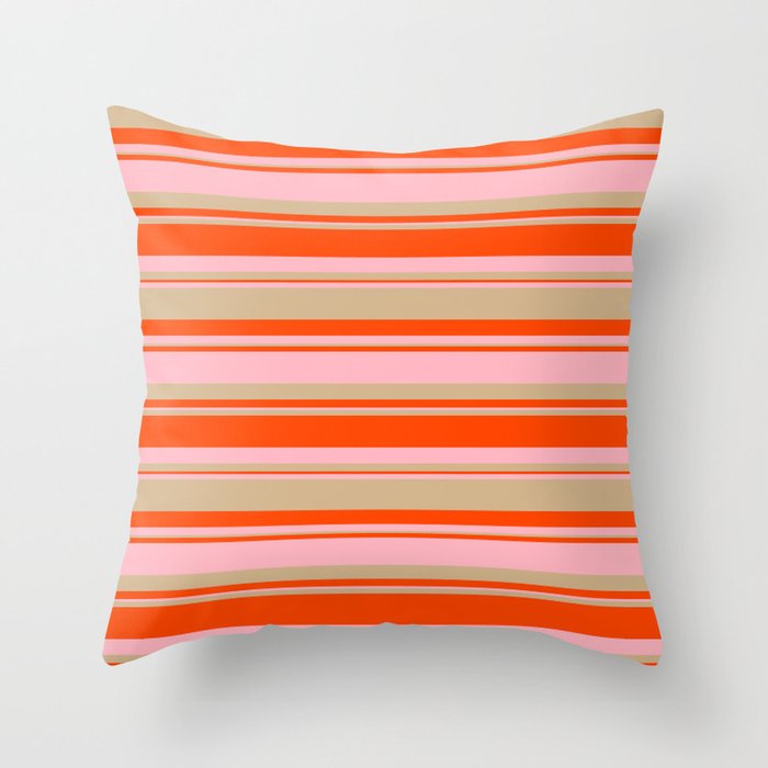 Red, Light Pink, and Tan Colored Lined/Striped Pattern Throw Pillow