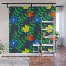 Bright 80’s Summer Flowers On Navy Blue Wall Mural