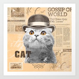 Cat in bowler hat, old classic newspaper, vintage look Art Print