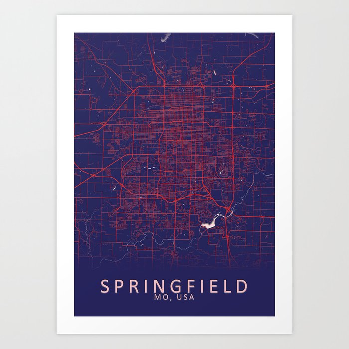 Springfield, MO, USA, Blue, White, City, Map Art Print
