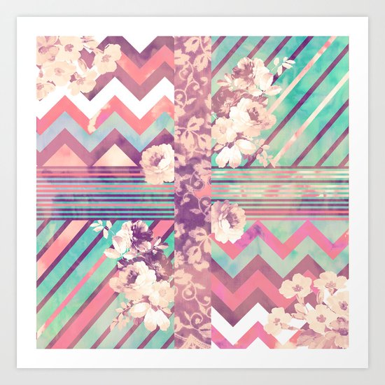 Retro Pink Turquoise Floral Stripe Chevron Pattern Art Print