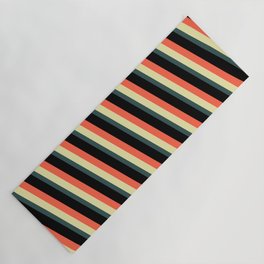 [ Thumbnail: Red, Pale Goldenrod, Dark Slate Gray, and Black Colored Lines Pattern Yoga Mat ]