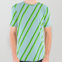 [ Thumbnail: Powder Blue, Forest Green & Chartreuse Colored Lines Pattern All Over Graphic Tee ]